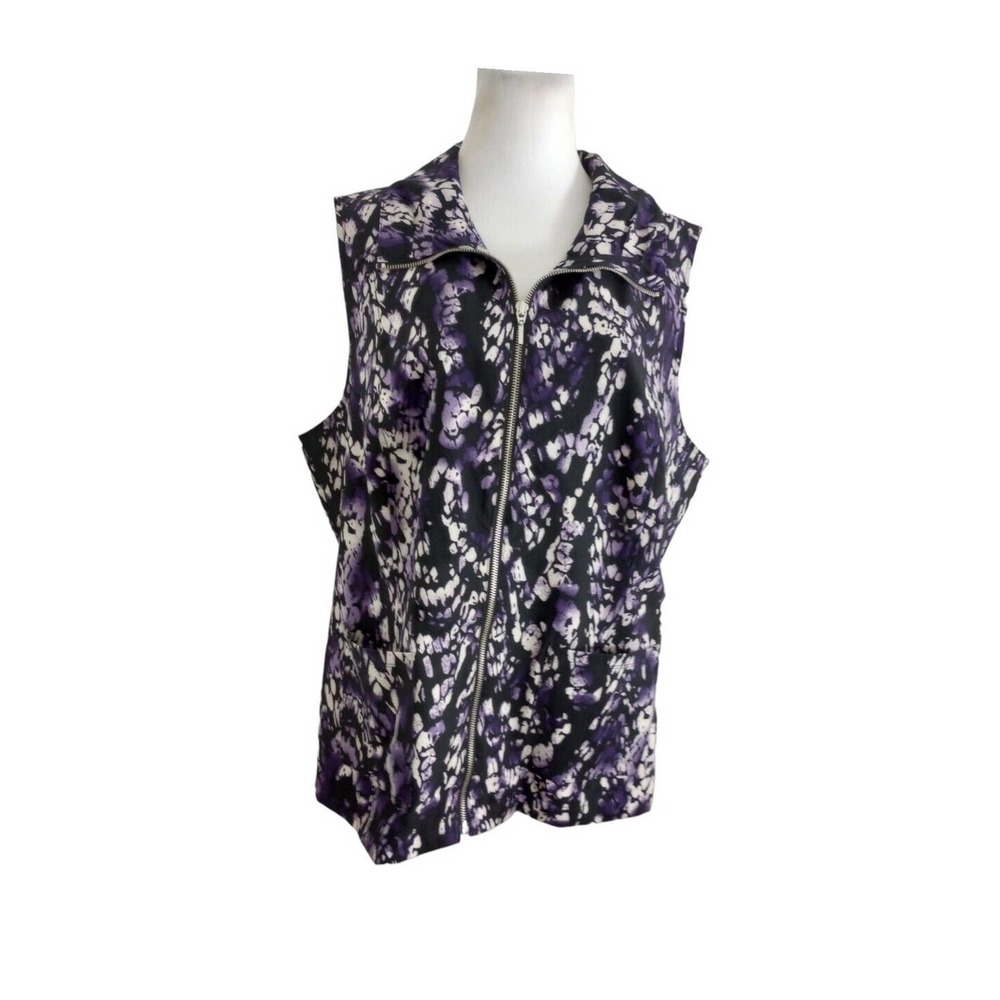 Weekends By Chicos Purple Black Geometric Full Zip‎ Sleeveless Size 3 Collared